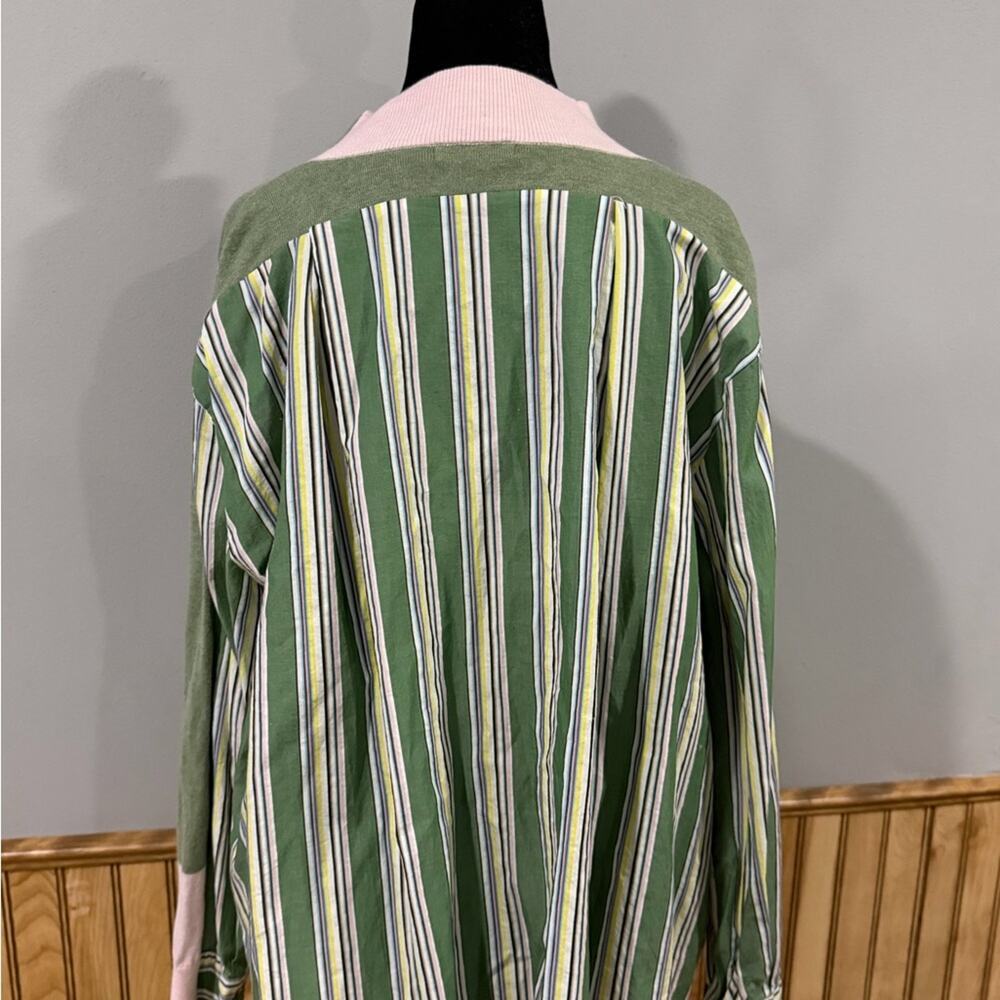 Zaket & Plover Stripe Trim Mixed Media Cardigan Green Large Cotton Silk Blend - Picture 3 of 8